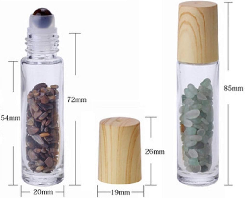 10Pcs 10ml Natural Semiprecious Stones Essential Oil Roller Bottles Clear Glass Roll-on Bottles Gemstone with Wooden Caps and Healing Crystal Chips Inside