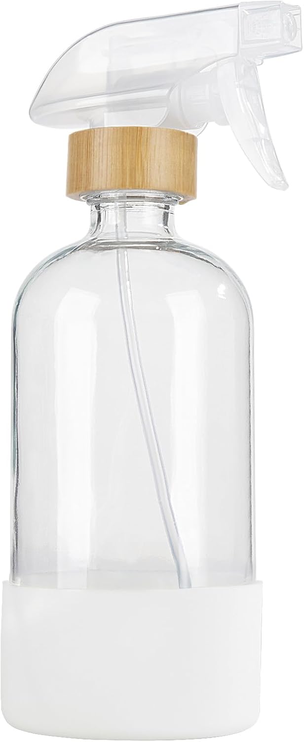 Empty Bamboo Glass Spray Bottles with Silicone Sleeve Protection - Refillable 17 oz Clear Glass Containers for Cleaning Solutions, Essential Oils, Misting Plants - Quality Sprayer - 1 PCS