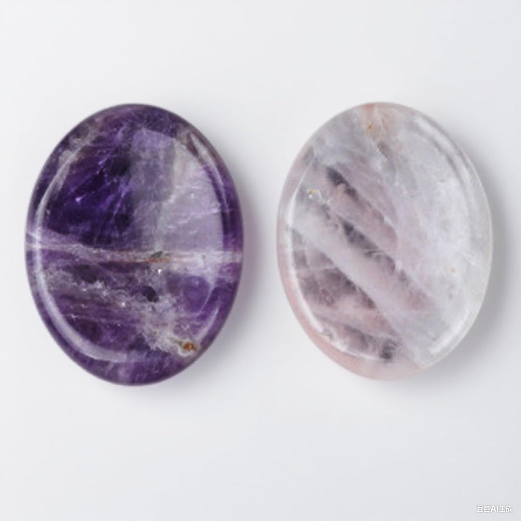Worry Stones, 2-Pcs Consisting of 1 Amethyst and 1 Pink Crystal, Hand Carved Crystals Stones, Meditation Crystal Reiki Natural Relax Palm Stone