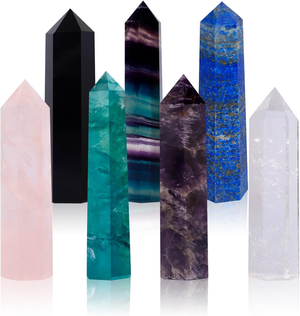 Crystal Wands | 3" Healing Amethyst, Rose Quartz,Clear Quartz,Black Obsidian,Green Fluorite, Lapis Lazuli,Rainbow Fluorite| 6 Faceted Reiki Chakra Meditation Therapy,7 PCS