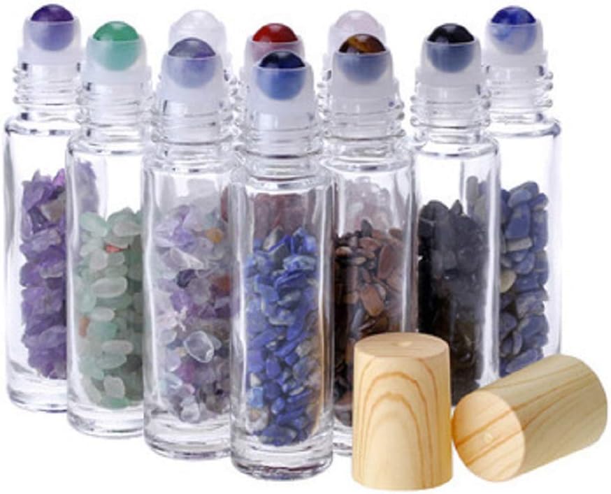 10Pcs 10ml Natural Semiprecious Stones Essential Oil Roller Bottles Clear Glass Roll-on Bottles Gemstone with Wooden Caps and Healing Crystal Chips Inside