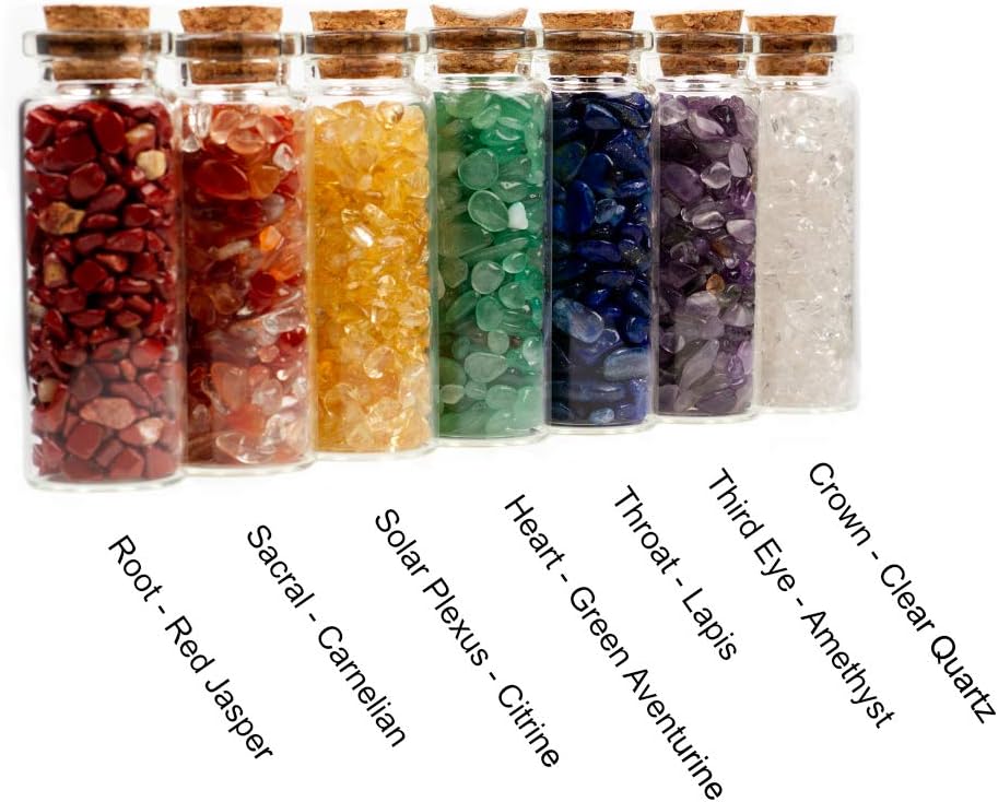 Collection Crystals and Healing Stones Chakra Set - Mini Glass Bottles with Gemstone Chips - 7 Chakra Stones - Real Rocks and Crystals
