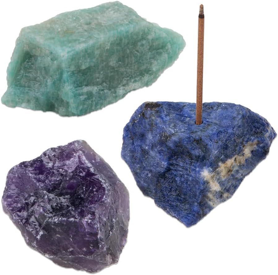 3Pcs Natural Crystal Stone Incense Holder Mini Aromatherapy Burner for Yoga Meditation Home Decor Chic Mini Censer Stone Incense Stick Burner (Amethyst+Blue Lace Agate +Aquamarine)
