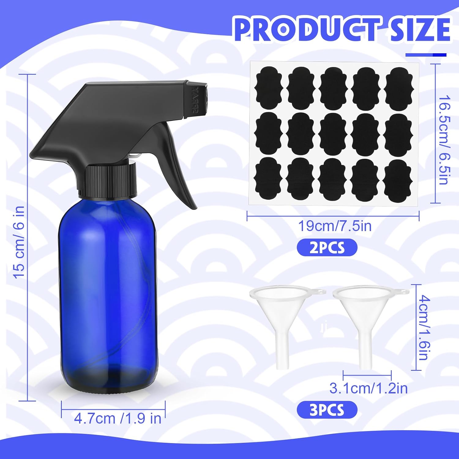 20 Pcs 4 oz Glass Spray Bottles Empty Refillable Sprayer Containers with Funnels Labels Black Trigger Sprayers Spray Bottles for Essential Oil DIY Kitchen Hair Plants(Blue)