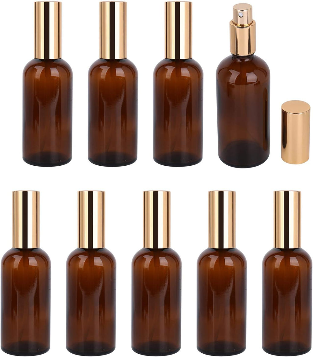 9 Pack 100ml / 3.4 oz. Amber Glass Spray Bottle with Atomizer, Fine Mist Spray, Refillable Container for Perfume, Cleaning Products, Essential Oils