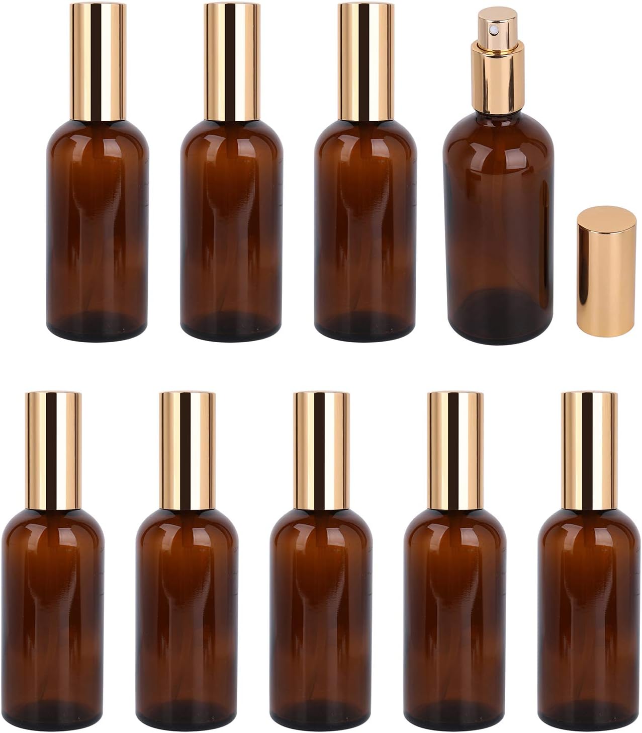 9 Pack 100ml / 3.4 oz. Amber Glass Spray Bottle with Atomizer, Fine Mist Spray, Refillable Container for Perfume, Cleaning Products, Essential Oils