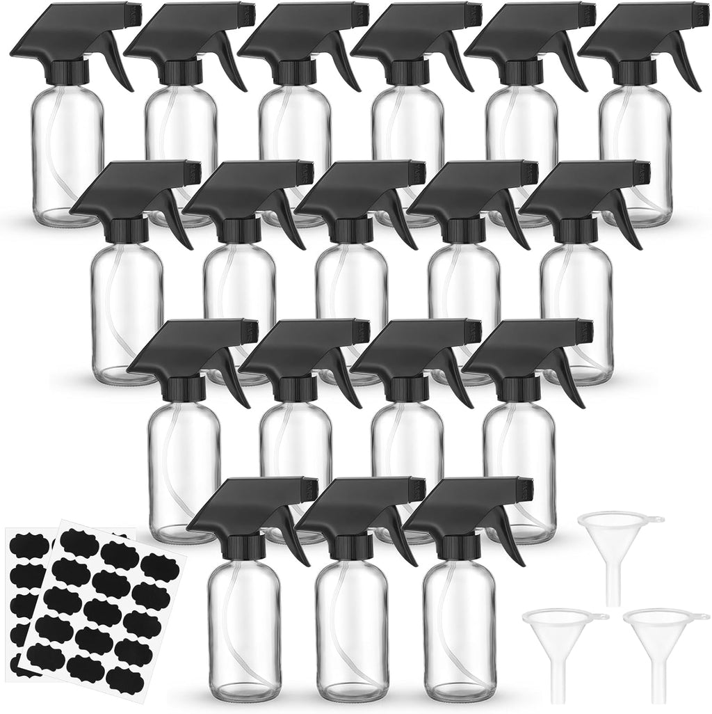 20 Pcs 4 oz Glass Spray Bottles Empty Refillable Sprayer Containers with Funnels Labels Black Trigger Sprayers Spray Bottles for Essential Oil DIY Kitchen Hair Plants(Clear)