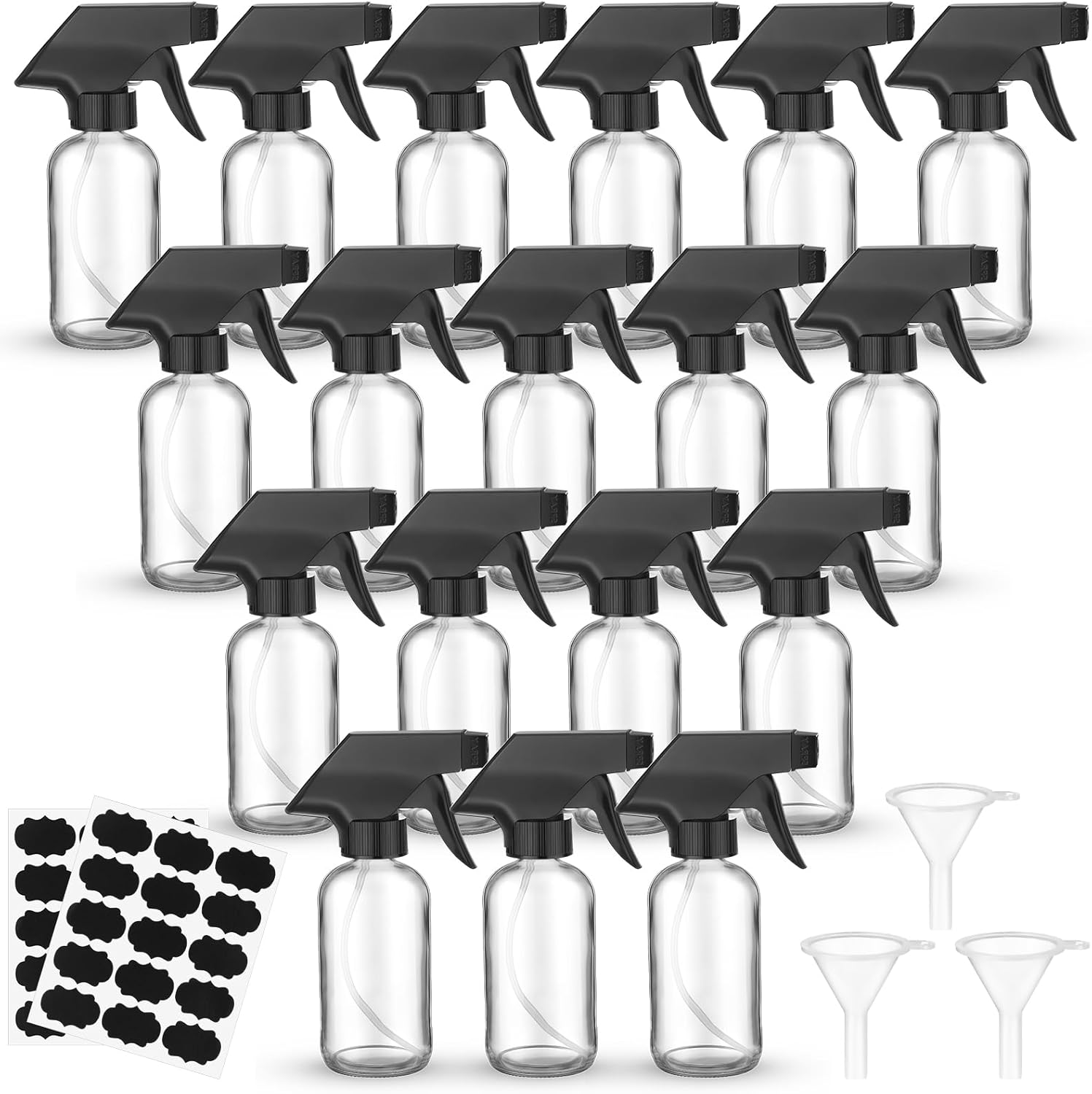 20 Pcs 4 oz Glass Spray Bottles Empty Refillable Sprayer Containers with Funnels Labels Black Trigger Sprayers Spray Bottles for Essential Oil DIY Kitchen Hair Plants(Clear)