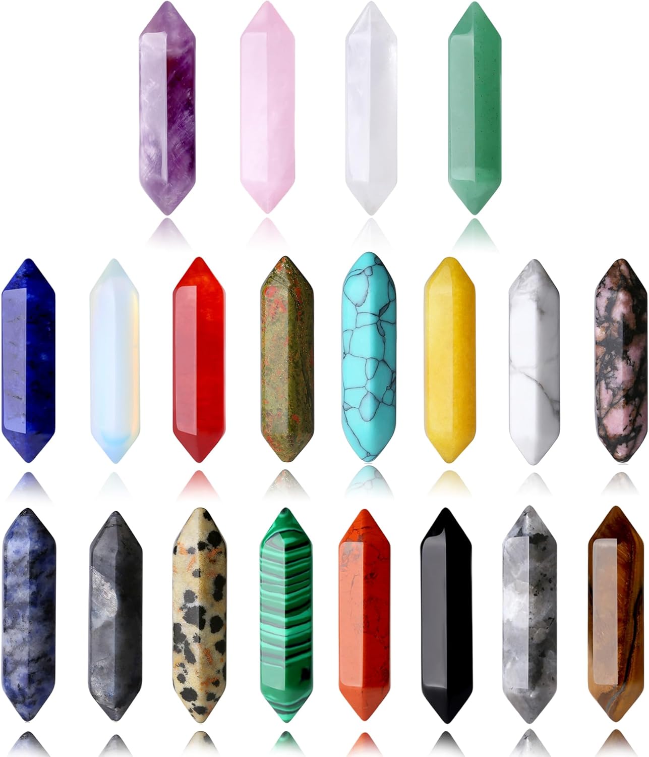 20PCS Healing Crystals Wand Stones Sets Natural Amethyst Rose Quartz Clear Quartz Tiger Eye Reiki Gemstones Bulk Hexagonal Points Energy Balancing Chakra Witchcraft Meditation Therapy Decor Desk Gift