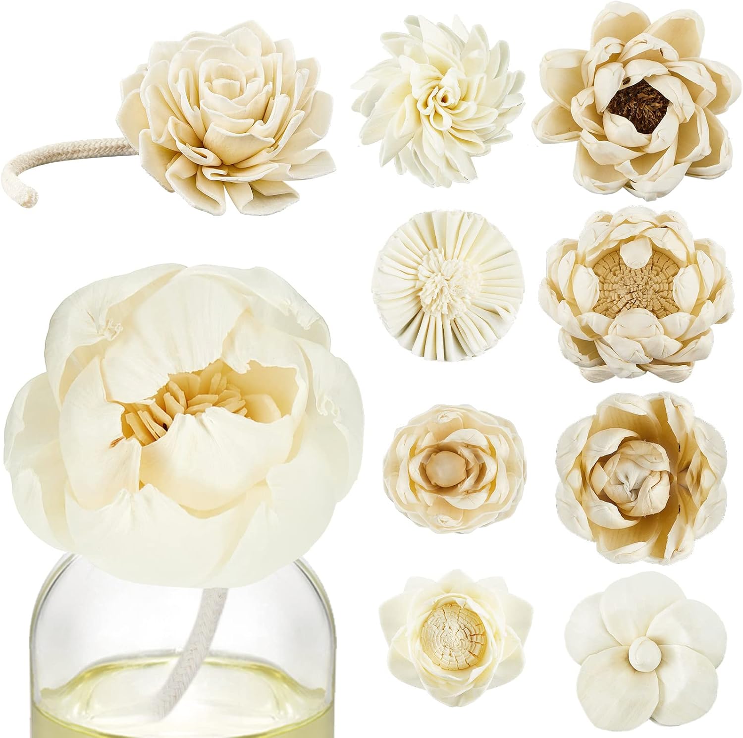 15 Pieces Diffuser Mixed  Natural Material Aromatherapy Reed Wood Flowers Decorative Aromatherapy Flower Placement Refill Wood Flower Diffuser with Rope(White,Various)
