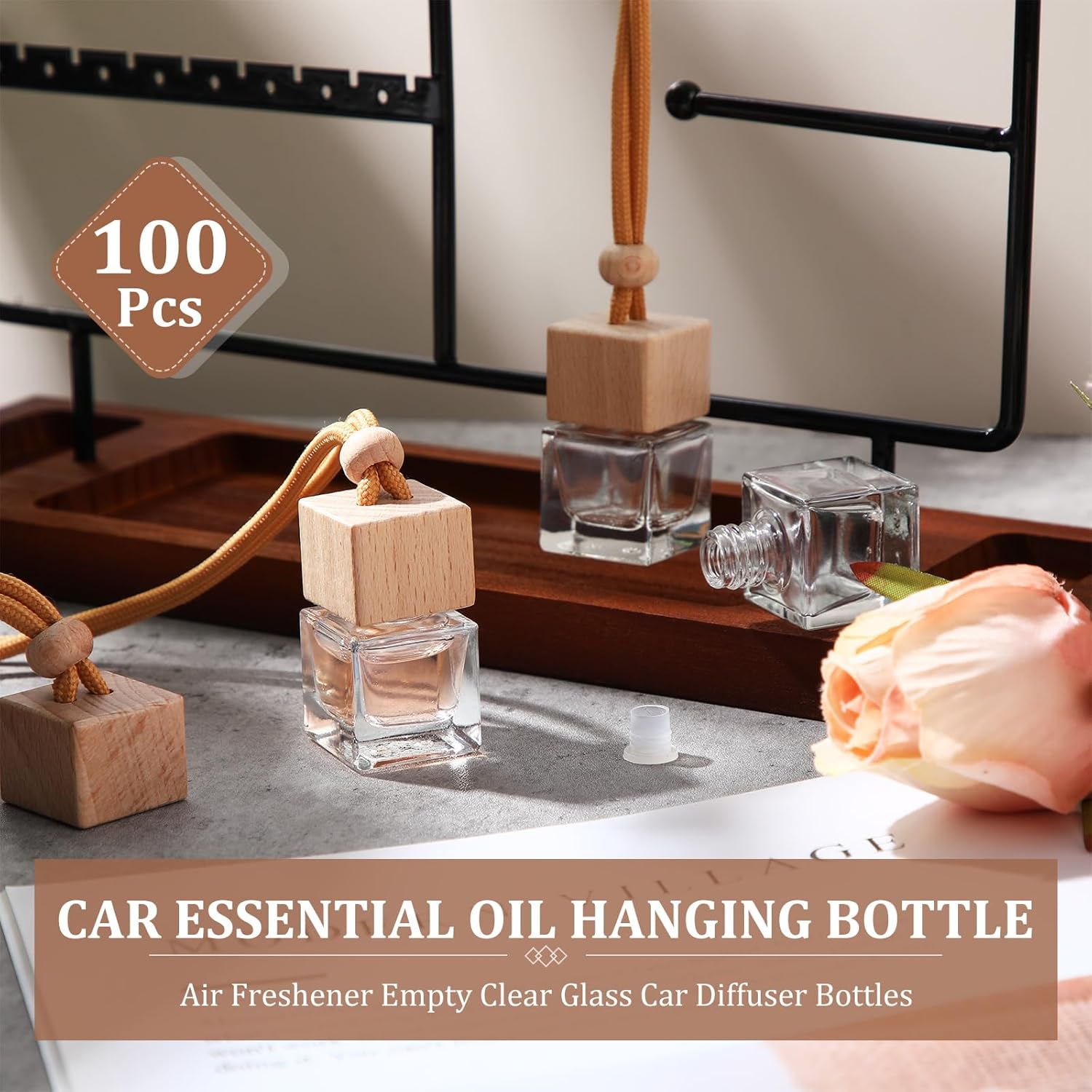 100 Pcs Car Air Freshener Hanging Bottle Empty Glass Perfume Diffuser Bottles Refillable Car Air Freshener Pendant Aromatherapy Fragrance Vials Ornament(Square)