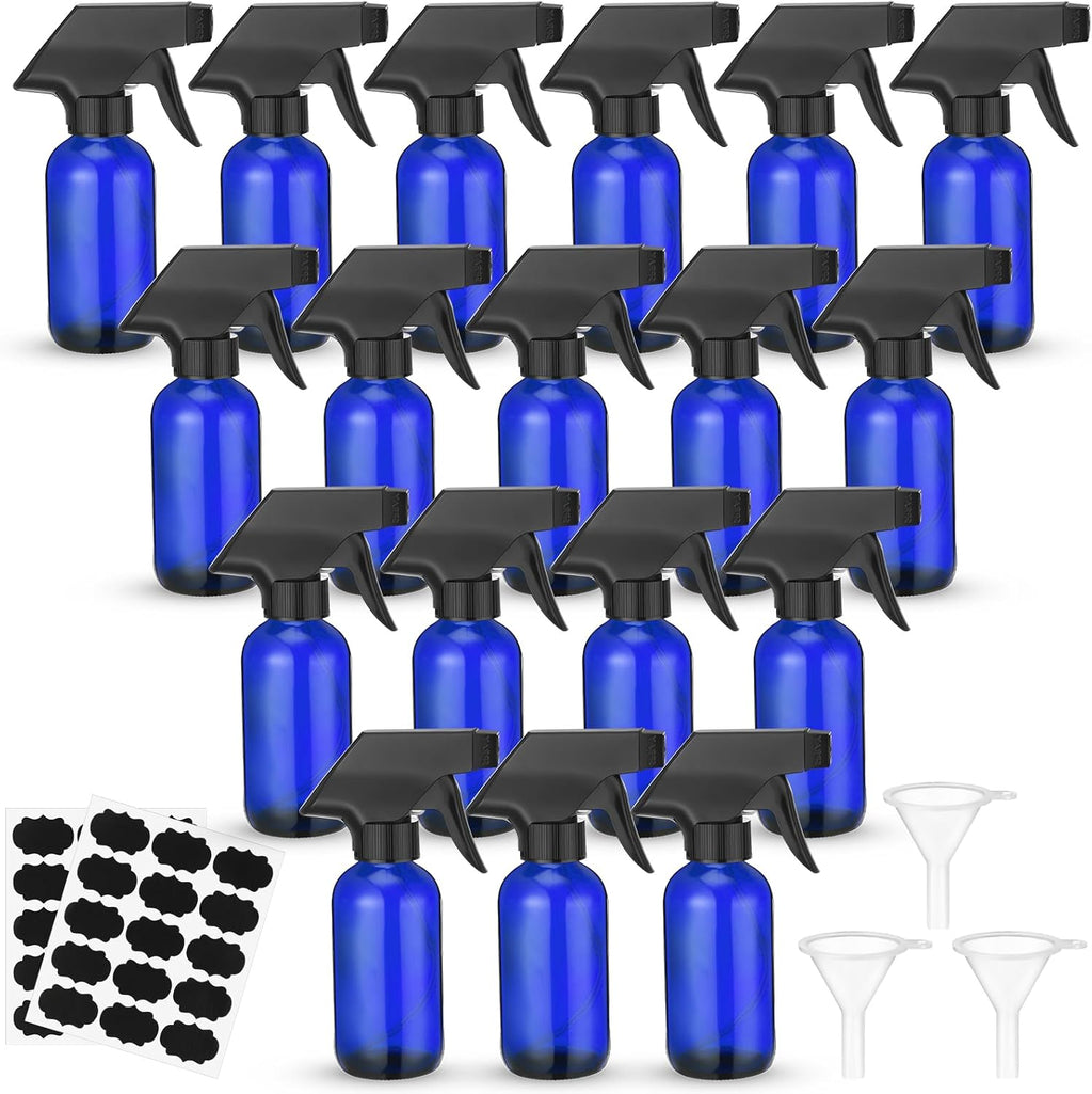 20 Pcs 4 oz Glass Spray Bottles Empty Refillable Sprayer Containers with Funnels Labels Black Trigger Sprayers Spray Bottles for Essential Oil DIY Kitchen Hair Plants(Blue)