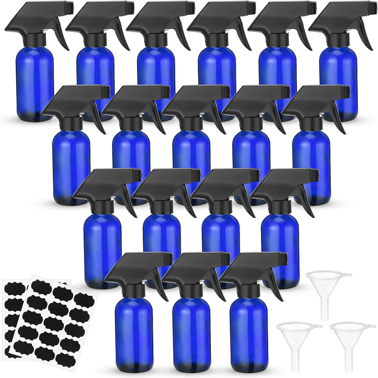 20 Pcs 4 oz Glass Spray Bottles Empty Refillable Sprayer Containers with Funnels Labels Black Trigger Sprayers Spray Bottles for Essential Oil DIY Kitchen Hair Plants(Blue)