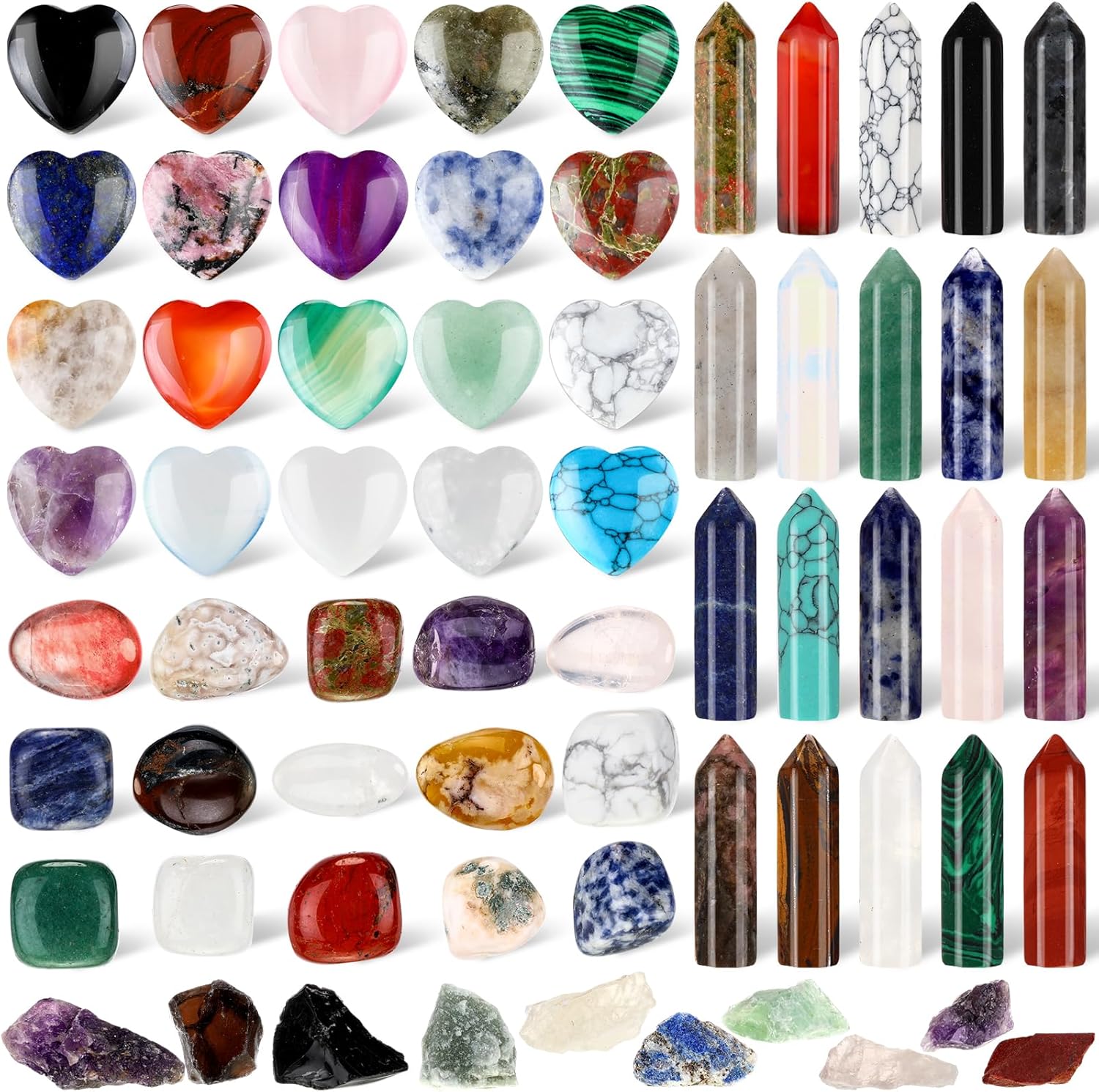 65 Pcs Gemstones and Natural Crystals Set Tumbled Stones Wands Pocket Heart Gems Raw Crystals Amethyst Crystal Rose Quartz Polished Energy Meditation Chakra Christmas Gift Stocking Stuffers