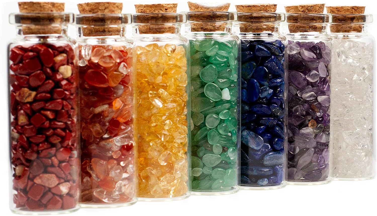 Collection Crystals and Healing Stones Chakra Set - Mini Glass Bottles with Gemstone Chips - 7 Chakra Stones - Real Rocks and Crystals