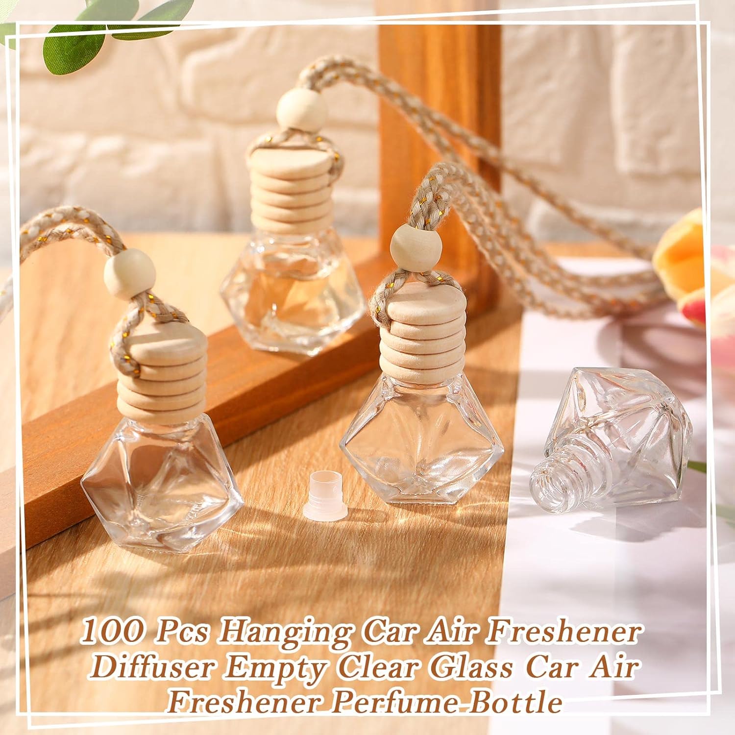 100 Pcs Car Air Freshener Hanging Bottle Empty Glass Perfume Diffuser Bottles Refillable Car Air Freshener Pendant Aromatherapy Fragrance Vials Ornament(Diamond)