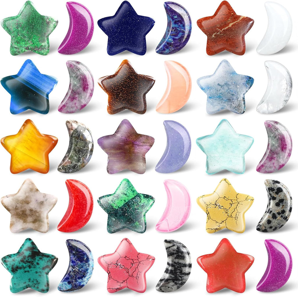 30 Pieces Worry Stones Bulks Moon Star Shaped Crystals Gemstone Star Bulks Palm Moon Hand Carved Thumb Stones for Witchcraft Supplies DIY Meditation Balancing(Elegant Colors)