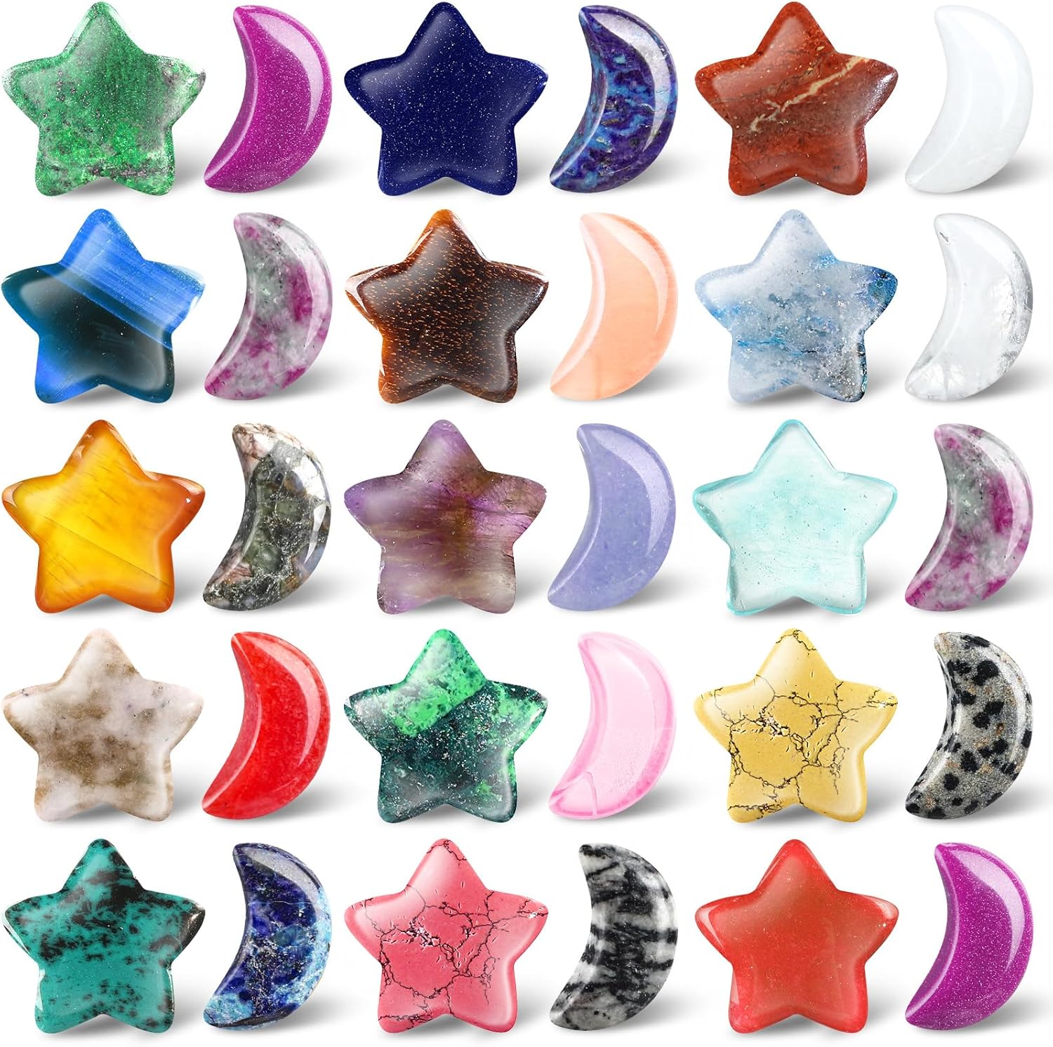 30 Pieces Worry Stones Bulks Moon Star Shaped Crystals Gemstone Star Bulks Palm Moon Hand Carved Thumb Stones for Witchcraft Supplies DIY Meditation Balancing(Elegant Colors)