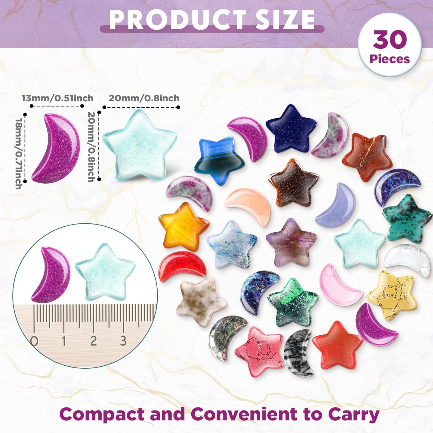 30 Pieces Worry Stones Bulks Moon Star Shaped Crystals Gemstone Star Bulks Palm Moon Hand Carved Thumb Stones for Witchcraft Supplies DIY Meditation Balancing(Elegant Colors)