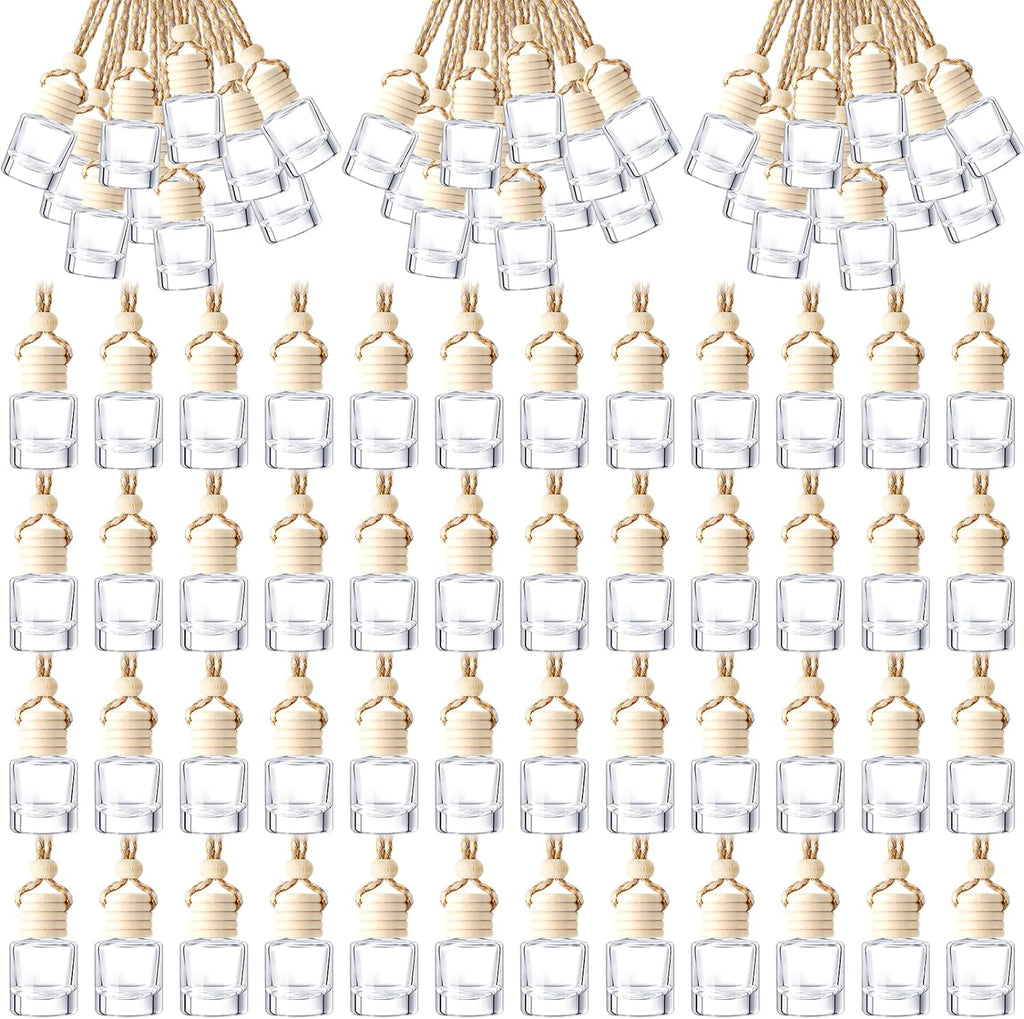 200 Pcs Hanging Car Diffuser Bottles Bulk, Empty Clear Glass Air Freshener Bottles with Wooden Cap for Perfume Essential Oils Fragrance Aromatherapy Ornament(Cylinder)