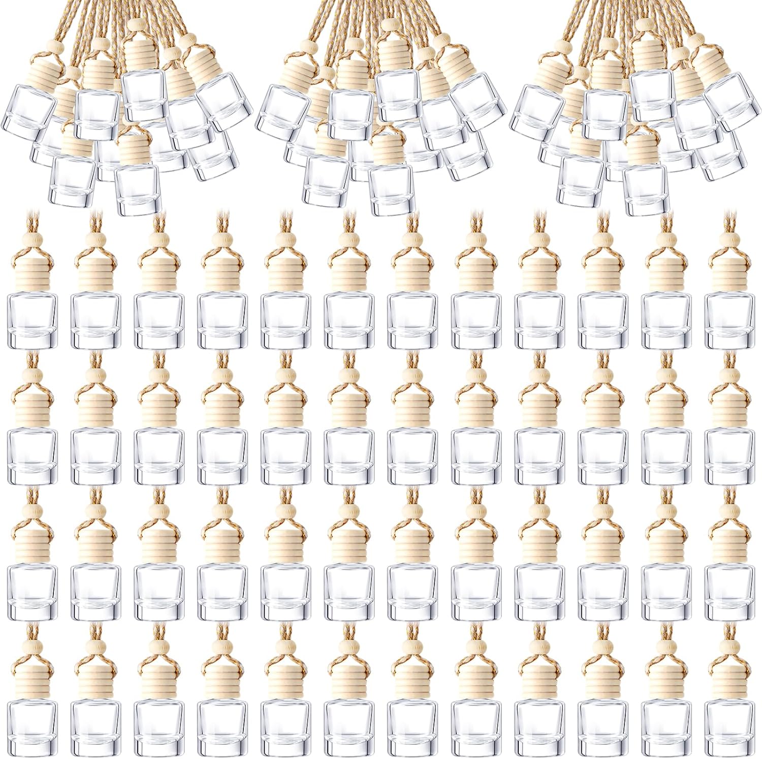 200 Pcs Hanging Car Diffuser Bottles Bulk, Empty Clear Glass Air Freshener Bottles with Wooden Cap for Perfume Essential Oils Fragrance Aromatherapy Ornament(Cylinder)