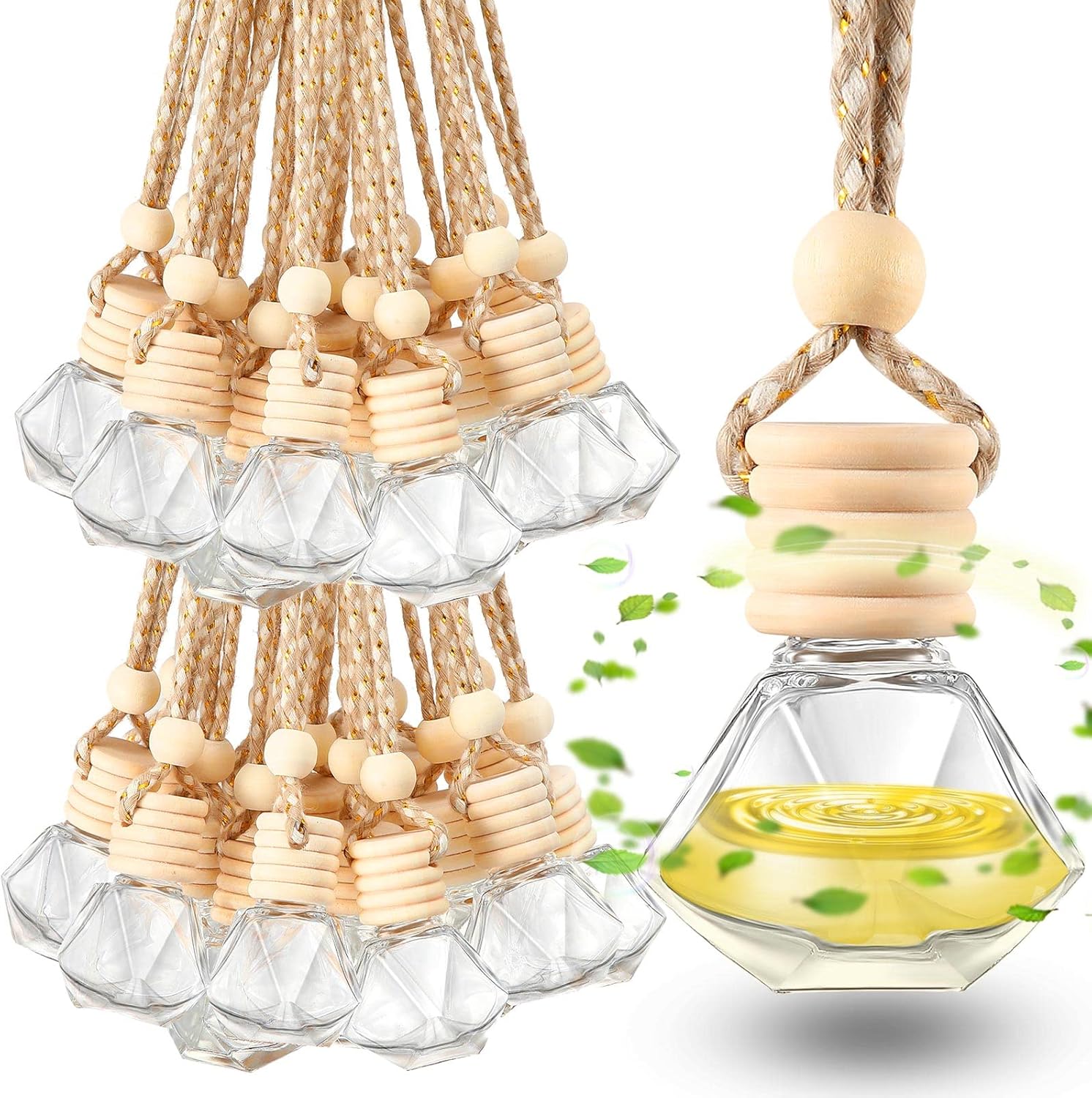 100 Pcs Car Air Freshener Hanging Bottle Empty Glass Perfume Diffuser Bottles Refillable Car Air Freshener Pendant Aromatherapy Fragrance Vials Ornament(Diamond)