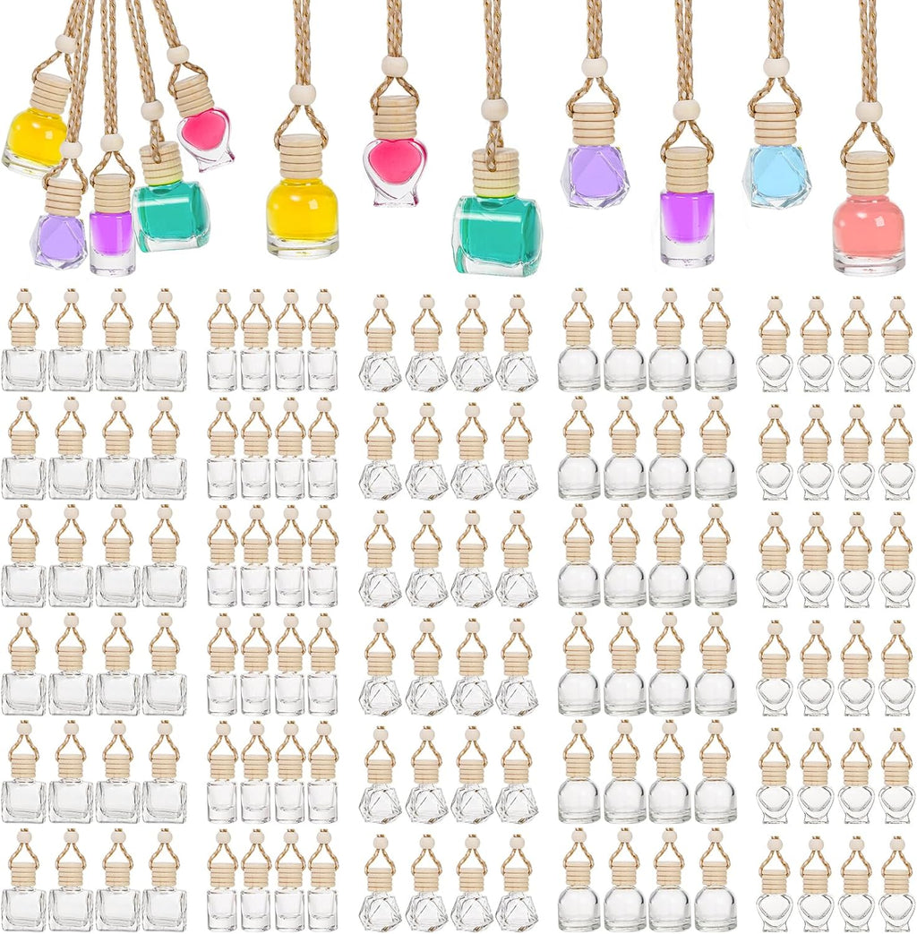 100 Pcs Hanging Car Air Freshener Diffuser, 10ml/8ml/5ml Empty Clear Glass Essential Diffuser Oil Aromatherapy Fragrance Perfume Pendant Glass Vials with Wooden Caps Lanyard, 5 Assorted Style
