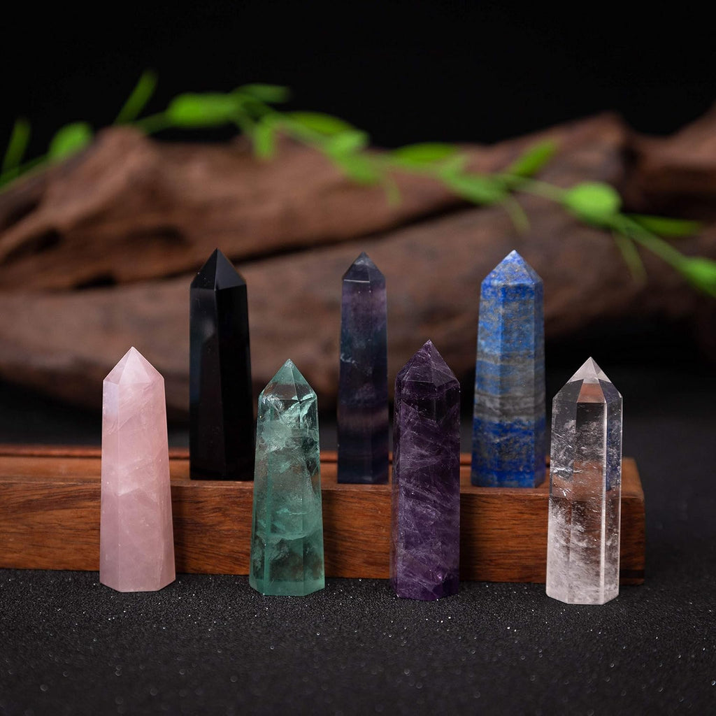 Crystal Wands | 3" Healing Amethyst, Rose Quartz,Clear Quartz,Black Obsidian,Green Fluorite, Lapis Lazuli,Rainbow Fluorite| 6 Faceted Reiki Chakra Meditation Therapy,7 PCS