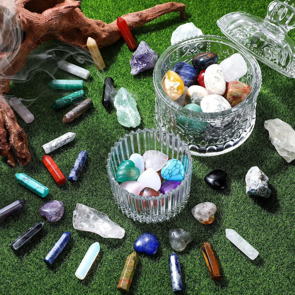 65 Pcs Gemstones and Natural Crystals Set Tumbled Stones Wands Pocket Heart Gems Raw Crystals Amethyst Crystal Rose Quartz Polished Energy Meditation Chakra Christmas Gift Stocking Stuffers