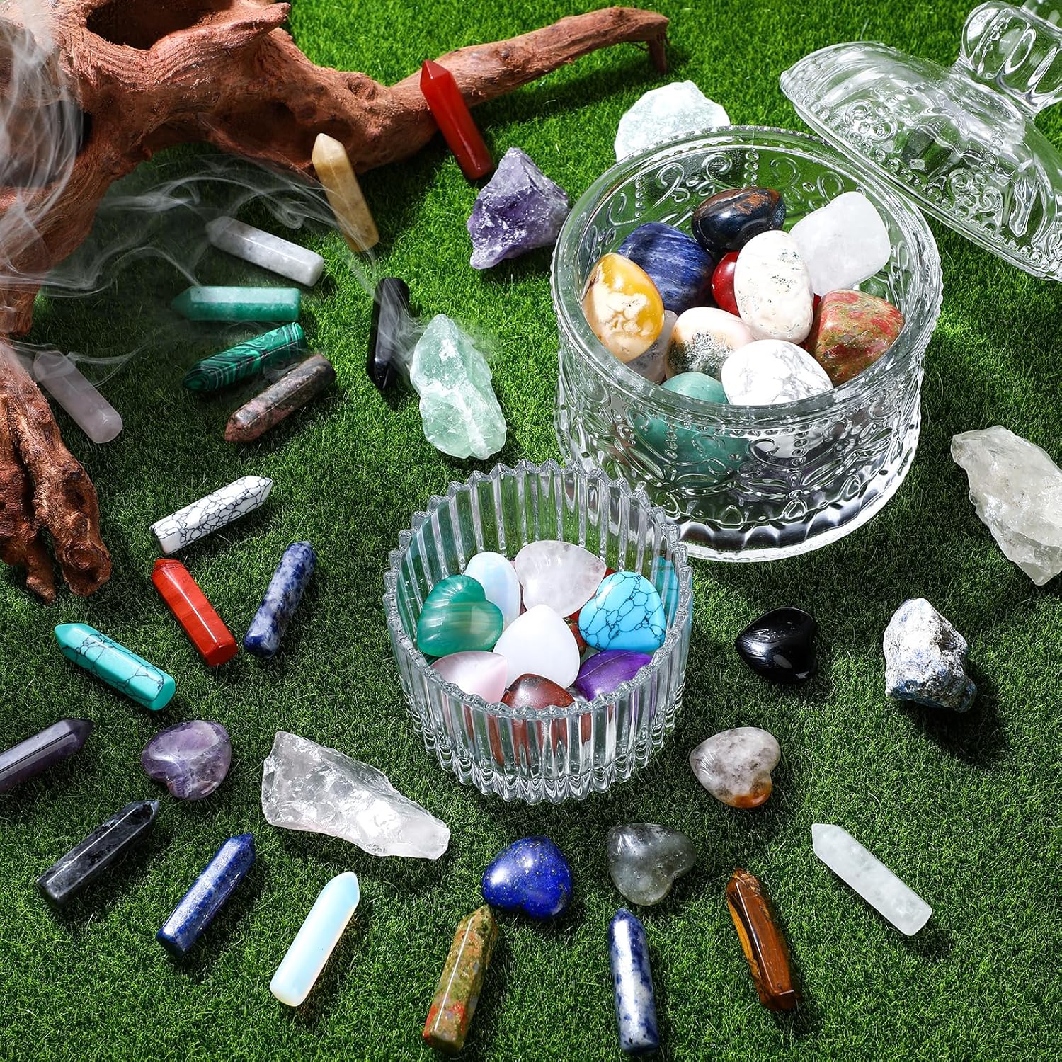 65 Pcs Gemstones and Natural Crystals Set Tumbled Stones Wands Pocket Heart Gems Raw Crystals Amethyst Crystal Rose Quartz Polished Energy Meditation Chakra Christmas Gift Stocking Stuffers